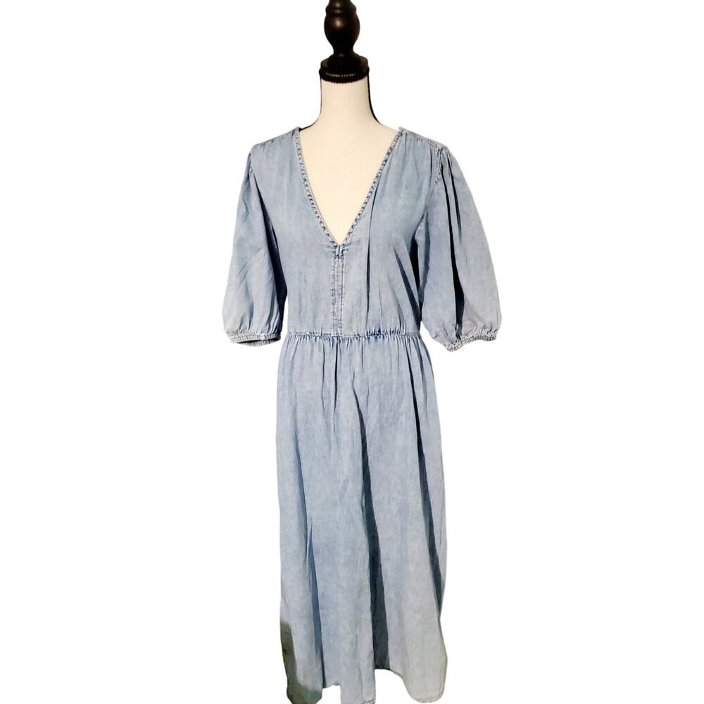 GAP Ladies Blue Denim Puff Sleeve Dress Size L Peasant Boho Cowgirl Beachy